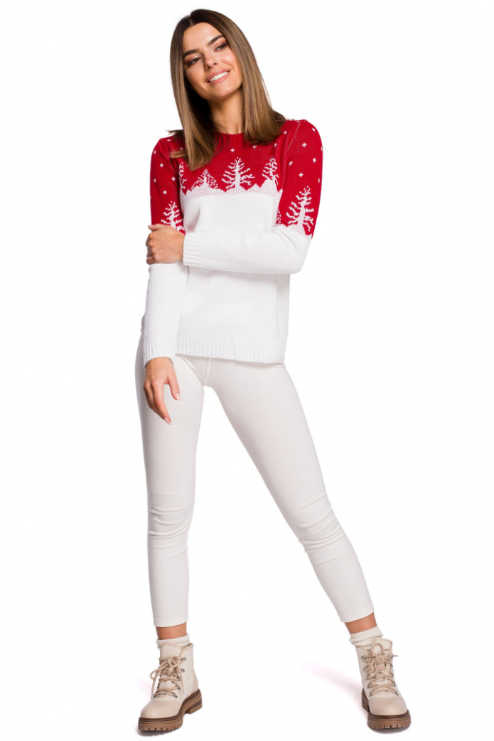 Sweter Damski Świąteczny Z Motywem Choinek - czerwony